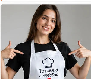 Модель в фартуке с печатью